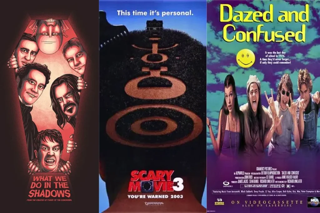 Set of three movie posters featuring comedy and stoner-friendly films: “What We Do in the Shadows,” “Scary Movie 3,” and “Dazed and Confused.”