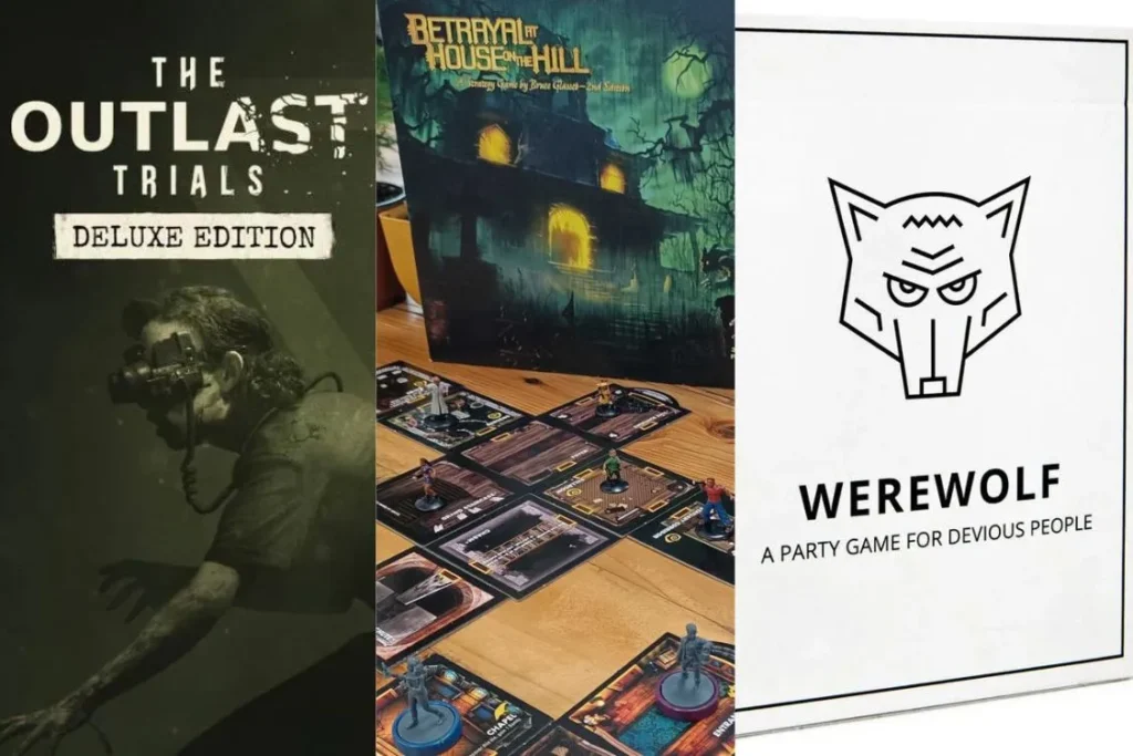 Set of three Halloween game recommendations: “The Outlast Trials” horror video game, “Betrayal at House on the Hill” board game, and “Werewolf” social deduction party game.