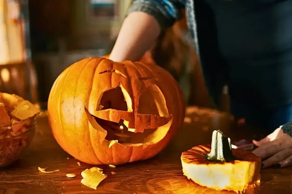 A person carving a smiling jack-o’-lantern pumpkin on a wooden table with pumpkin pieces scattered around.