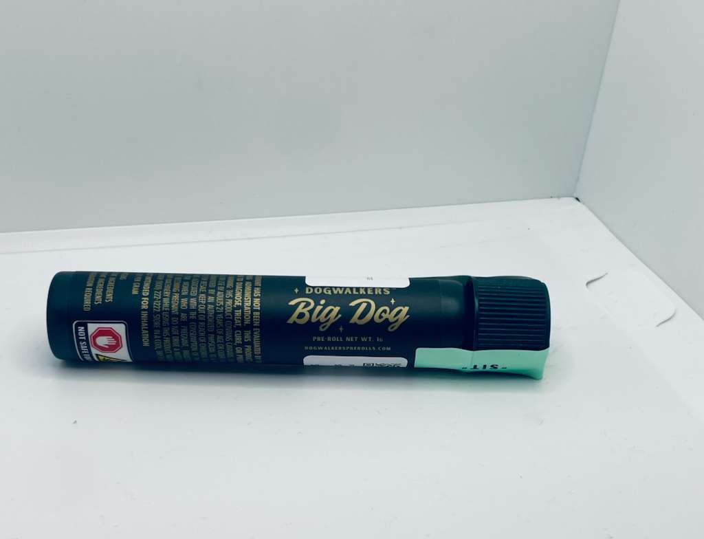 A product image of Dogwalkers' BIG DOGS LA Kush Cake Preroll inside a white box.