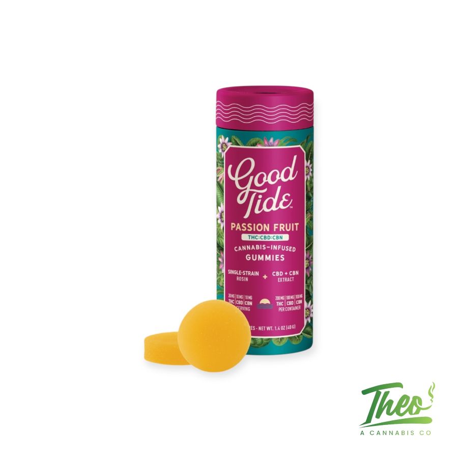 A product image of Good Tide's Passion Fruit Rosin 1:1:1 THC:CBD:CBN 100MG Cannabis-infused Gummies with Theo A Cannabis Dispensary logo at the bottom-right.