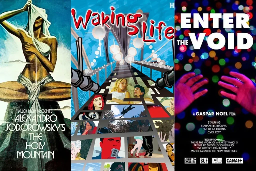 Collage of trippy and surreal movie posters: “The Holy Mountain,” “Waking Life,” and “Enter the Void,” known for their psychedelic visuals and deep philosophical themes.