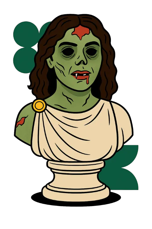 Cartoon bust of a zombie woman, budtender Bethina, with green skin, dark hair, and a toga, styled in a classical statue design with cracks and blood details.