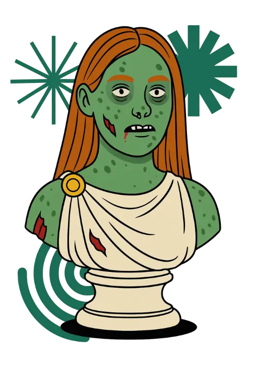 Cartoon bust of a zombie woman, budtender haley, with green skin, long red hair, and a toga, designed in classical statue style with scars and blood details.
