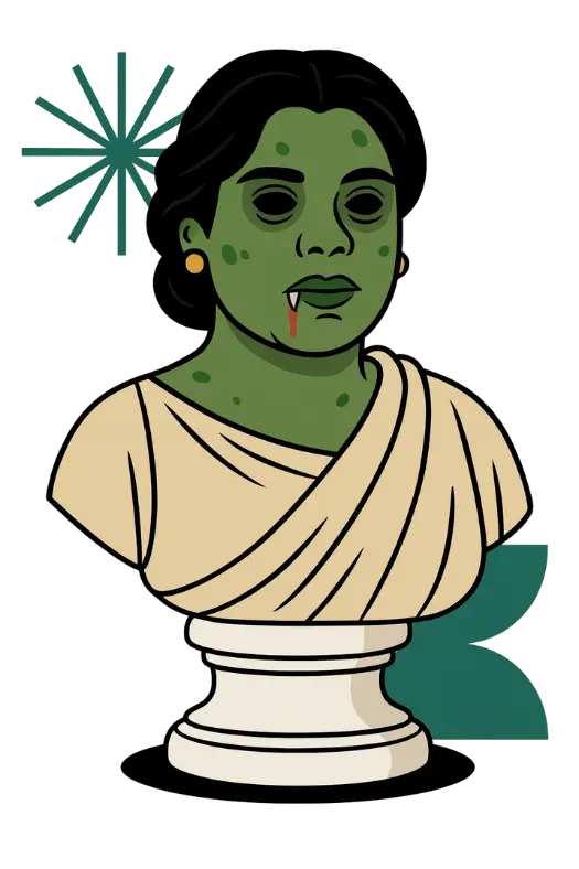 Illustrated bust of a zombie woman, budtender May, with green skin, short dark hair, and a toga, showing fangs and blood detail, styled as a classical statue.