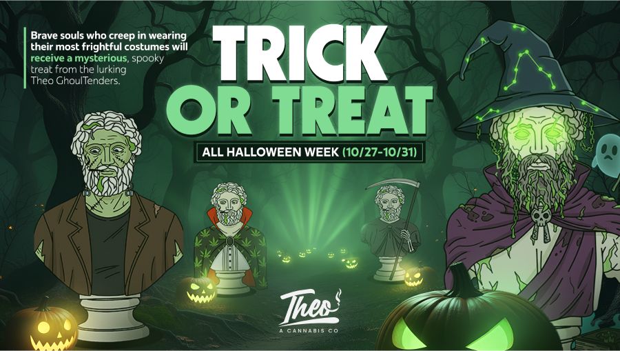 Halloween-themed “Trick or Treat” promo graphic for Theo, featuring zombie, vampire, and wizard versions of the Theo statue mascot in a spooky forest with glowing pumpkins and eerie green lighting. Text reads: “Brave souls who creep in wearing their most frightful costumes will receive a mysterious treat from the Theo GhoulTenders, all Halloween week (10/27–10/31).”