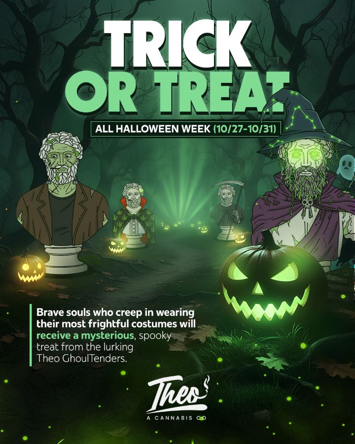 A portrait style of the Halloween-themed “Trick or Treat” promo graphic for Theo, featuring zombie, vampire, and wizard versions of the Theo statue mascot in a spooky forest with glowing pumpkins and eerie green lighting. Text reads: “Brave souls who creep in wearing their most frightful costumes will receive a mysterious treat from the Theo GhoulTenders, all Halloween week (10/27–10/31).”