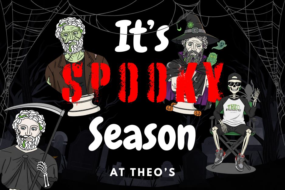 It's Spooky Season at Theo’s cannabis dispensary. Halloween-themed artwork featuring Theo statue characters dressed as a zombie, wizard, grim reaper, and skeleton, with spider webs and a graveyard background.