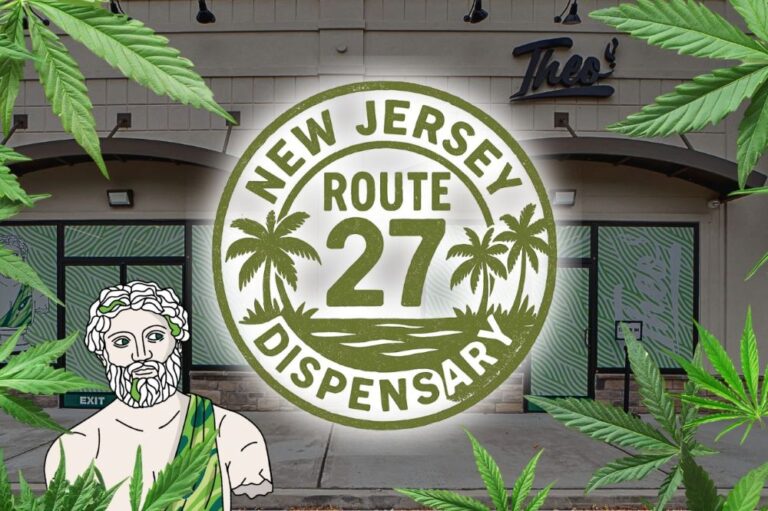 Front view of Theo A Cannabis Dispensary in Franklin Park, NJ with New Jersey Route 27 Dispensary badge and cannabis leaves design.