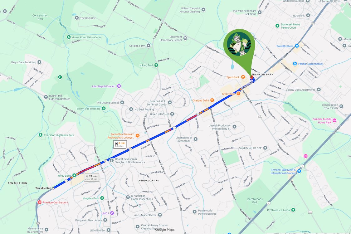 Map showing Route 27 northbound from Ten Mile Run and Kendall Park leading to Theo A Cannabis Dispensary in Franklin Park, NJ.
