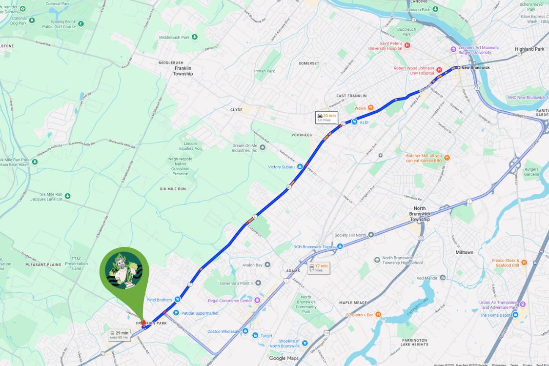 Map showing Route 27 southbound from New Brunswick and Somerset to Theo A Cannabis Dispensary in Franklin Park, NJ.