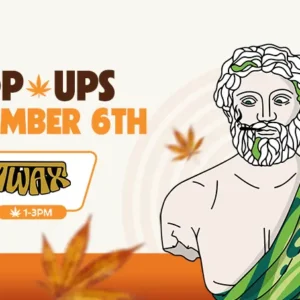 Illustration of a Greek god-like bust wearing a green toga with a cannabis leaf crown, advertising a pop-up event. Text reads “Pop Ups November 6th” with “Twax” and “1-3PM,” surrounded by autumn leaves and orange decorative elements.