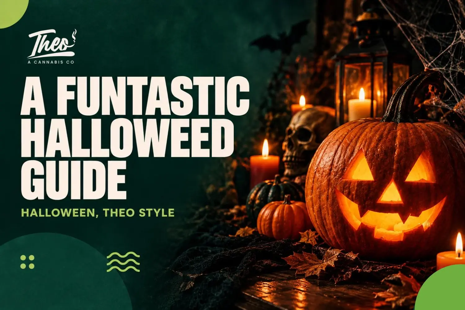 Theo’s Funtastic Halloweed guide cover, with a carved pumpkin, candlelit lanterns, and cobwebs