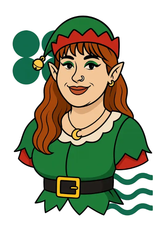 Theo's Budtender Laney's bust dressed in a Christmas Elf costume