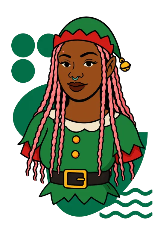 Theo's Budtender Vanessa's bust wearing a Christmas elf costume.