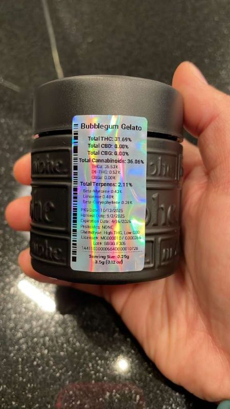 Niche Bubblegum Gelato flower jar with label displaying 36.06% total cannabinoids and 2.11% total terpenes, held against a black countertop.