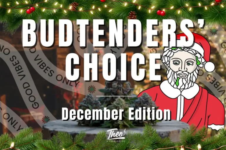 Festive Budtenders’ Choice December Edition banner featuring Theo’s Greek-style mascot dressed in a Santa outfit. Surrounded by pine garlands, string lights, cannabis buds, and a cozy holiday background with “Good Vibes Only” ribbons.