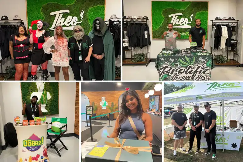 Photo collage showing Theo Cannabis events and pop-ups, including staff in Halloween costumes, brand demos from Prolific Grow House and OGeez!, a raffle winner holding a prize, and Theo’s outdoor booth at a community event.