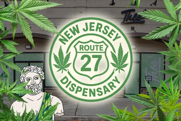 Theo Cannabis storefront in Franklin Park, New Jersey, featuring a large green Route 27 Dispensary emblem with cannabis leaf designs and the Theo mascot surrounded by marijuana leaves.