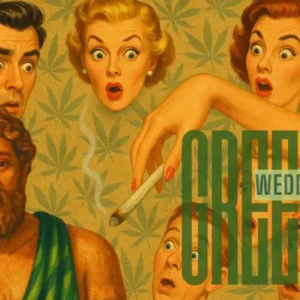 Retro 1950s-style illustration of shocked faces, with Theo's mascot icon among them, surrounding a hand offering a lit cannabis joint, set against a marijuana leaf patterned background, promoting a Green Wednesday sale.