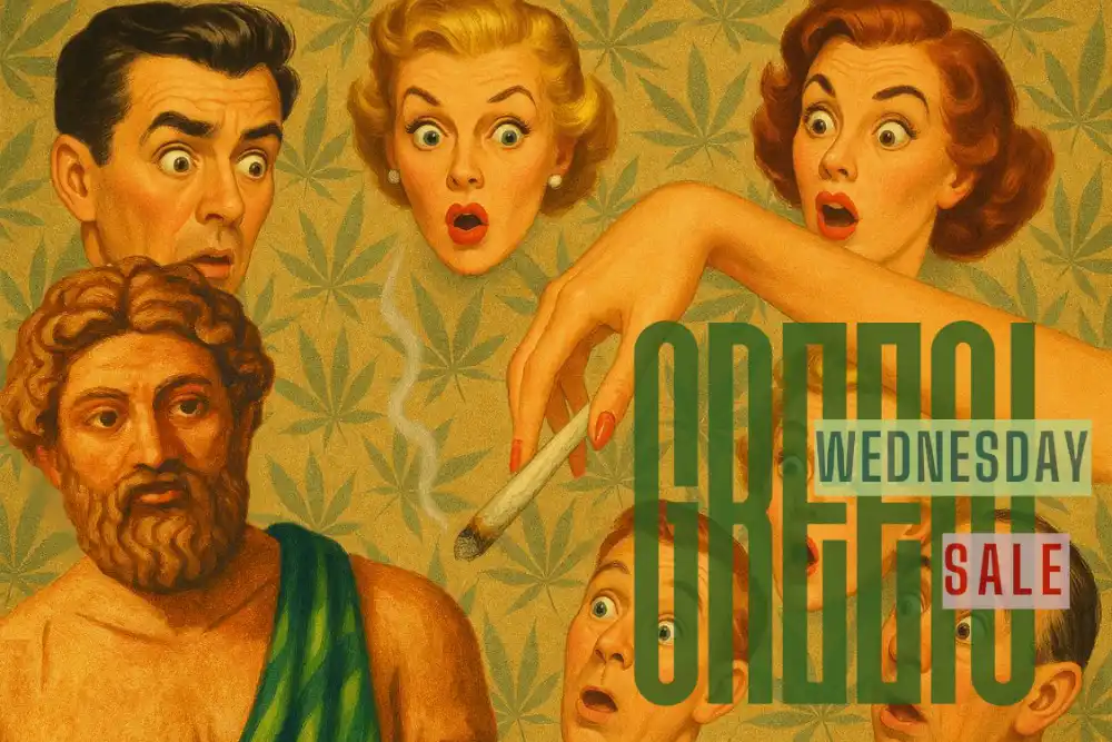 Retro 1950s-style illustration of shocked faces, with Theo's mascot icon among them, surrounding a hand offering a lit cannabis joint, set against a marijuana leaf patterned background, promoting a Green Wednesday sale.