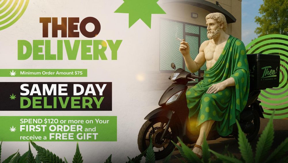 Theo Cannabis delivery promotion showing the Theo statue mascot riding a scooter with a delivery box, promoting same-day cannabis delivery with a $75 minimum order and a free gift for first orders over $120.