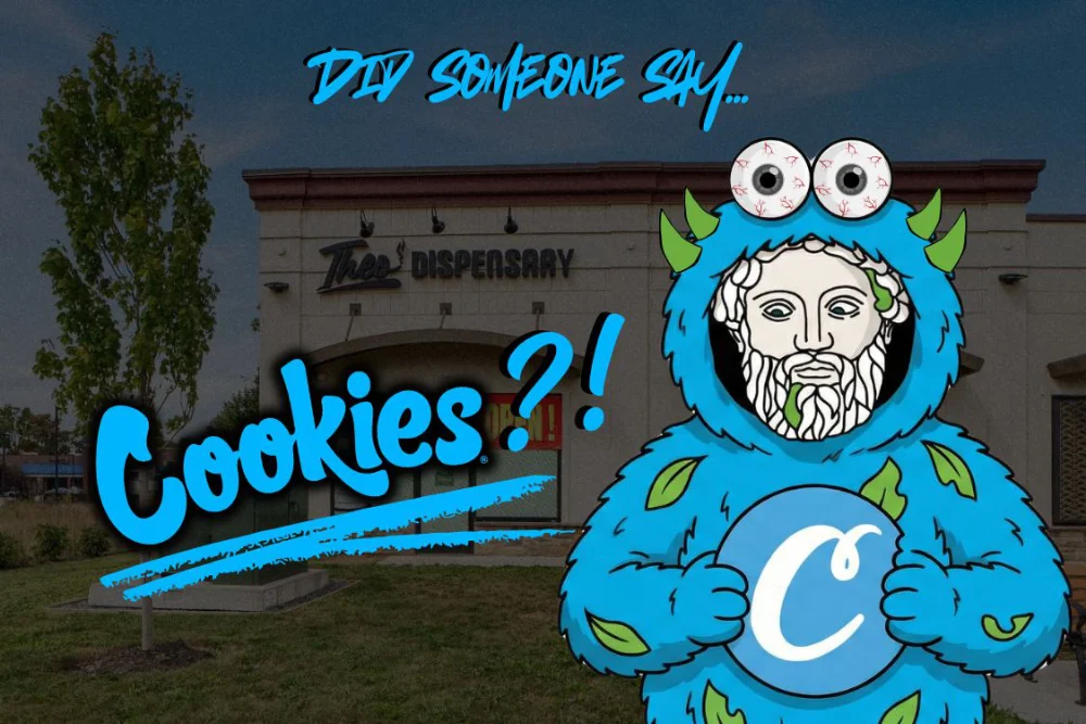 Illustration of a cartoon blue monster with green horns and a toga-style face mask holding the Cookies cannabis logo, standing in front of Theo’s Dispensary in Franklin Park, NJ. Text reads “Did someone say… Cookies?!” in bold blue lettering.