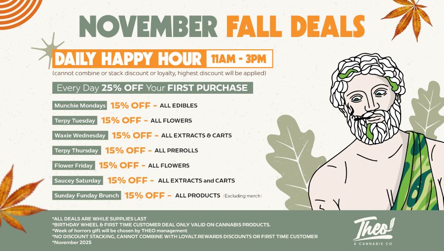 Theo Cannabis November Fall Deals Daily Happy Hour promo offering 15% off themed days like Munchie Mondays, Terpy Tuesdays, and Flower Fridays. Includes 25% off first purchase and autumn visuals.