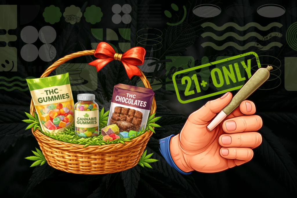 Cannabis edibles gift basket with THC gummies and chocolates, alongside a hand holding a pre-roll joint and 21+ only sign, illustrating legal age restrictions and recreational marijuana use in New Jersey.