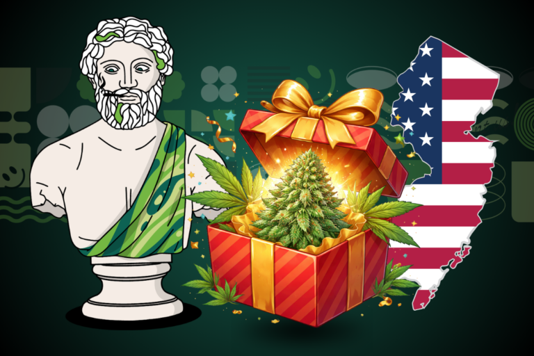 New Jersey cannabis law concept image featuring statue illustration, NJ state flag outline, and open gift box with cannabis plant, symbolizing marijuana legalization, gifting laws, and regulated cannabis use in NJ.