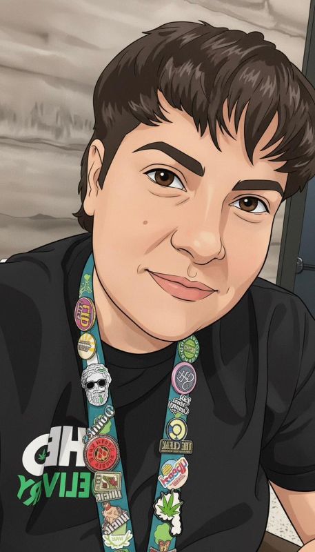 Illustrated portrait of a Theo budtender, Bethina, wearing a black Theo shirt and a lanyard covered in cannabis brand pins, smiling in a casual dispensary setting.
