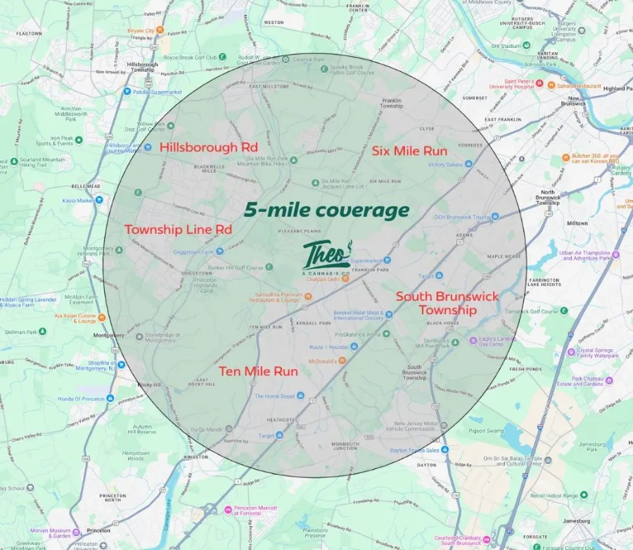Map displaying Theo Dispensary’s free cannabis delivery zone within a 5-mile radius of Franklin Park, NJ, covering South Brunswick Township, Ten Mile Run, Six Mile Run, and parts of Hillsborough.