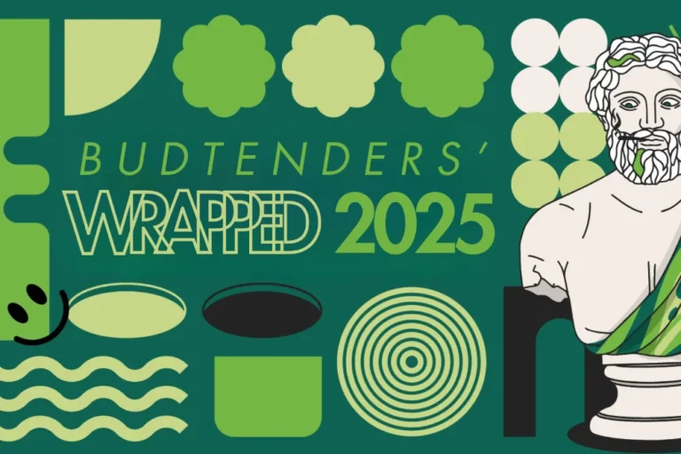 Graphic banner for Budtenders’ WRAPPED 2025 featuring bold green shapes, abstract patterns, and Theo’s classical statue mascot on a dark green background.