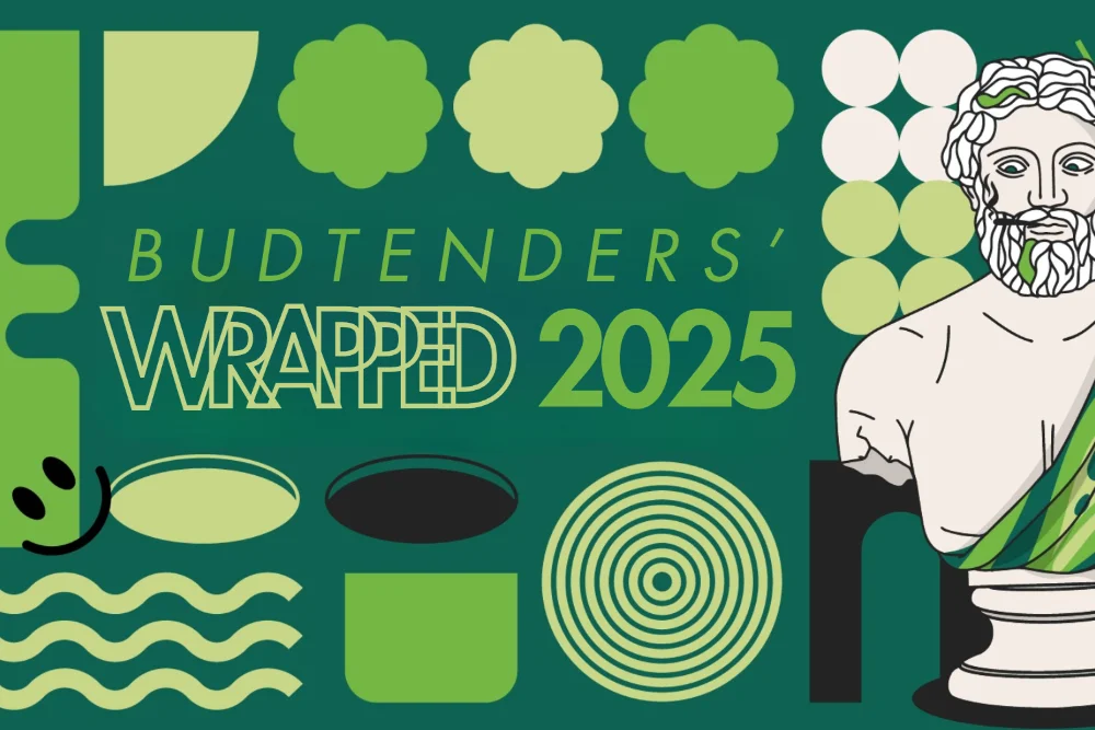Graphic banner for Budtenders’ WRAPPED 2025 featuring bold green shapes, abstract patterns, and Theo’s classical statue mascot on a dark green background.