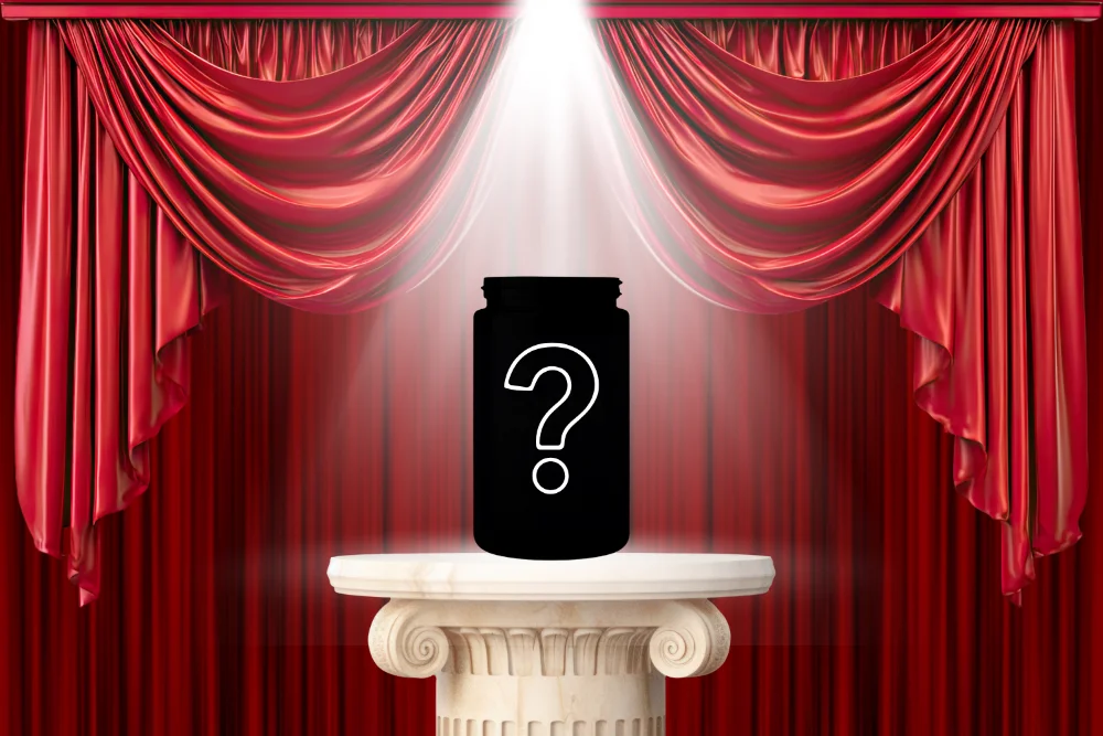Illustrated mystery cannabis jar with a question mark displayed on a pedestal under a spotlight, framed by red theater curtains for Budtenders’ WRAPPED 2025.
