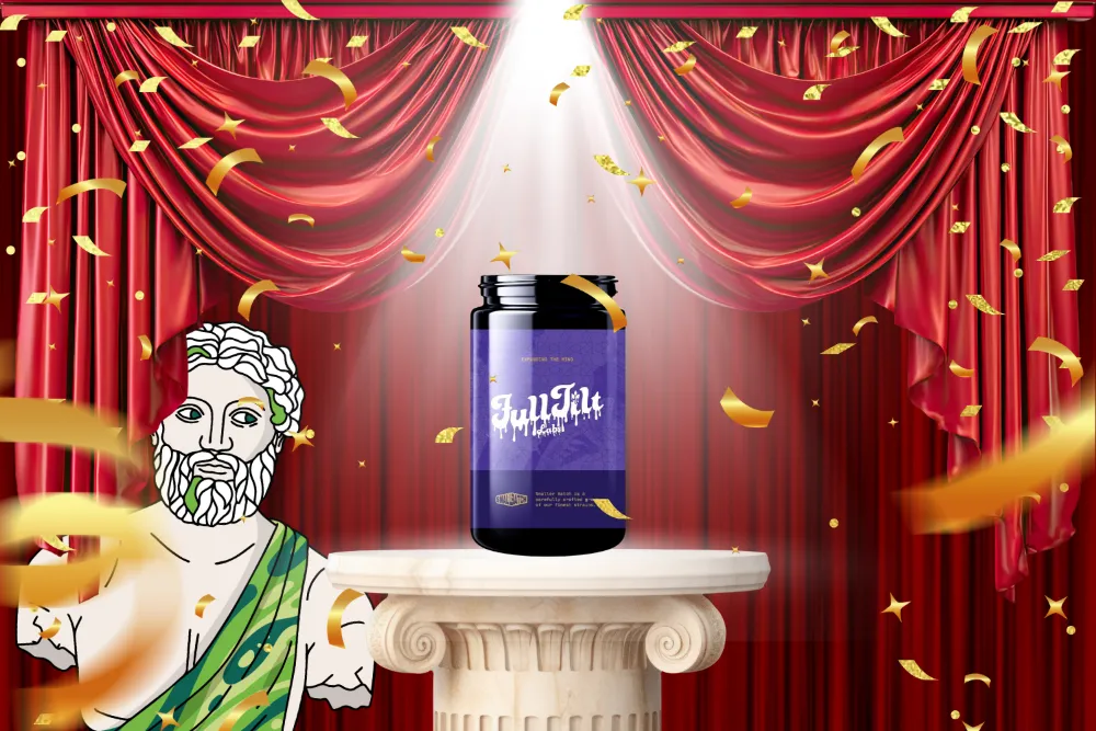 Dramatic illustrated scene revealing Full Tilt as the winning brand, with a cannabis jar displayed on a pedestal under a spotlight and red stage curtains with falling confetti.