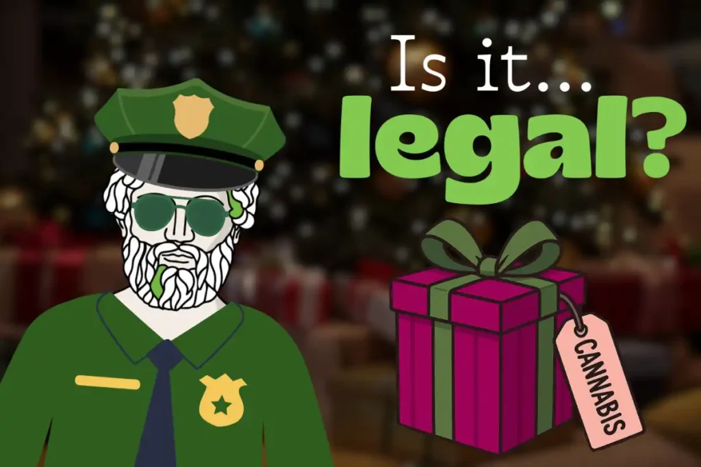 Holiday graphic with the Theo mascot dressed as a police officer next to a wrapped present labeled ‘cannabis,’ with the text ‘Is it legal?’ over a blurred Christmas background.