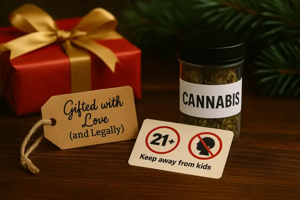Holiday-themed cannabis gift setup showing a red present with a gold bow, a labeled jar of cannabis, a tag reading ‘Gifted with Love (and Legally),’ and a safety card stating ‘21+ Keep away from kids.’