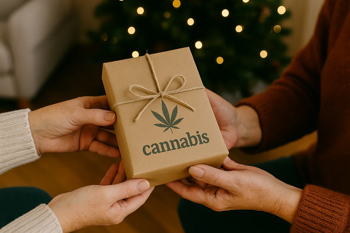 Hands exchanging a wrapped holiday gift box labeled ‘cannabis’ with a marijuana leaf on the front, in front of a Christmas tree with warm lights.
