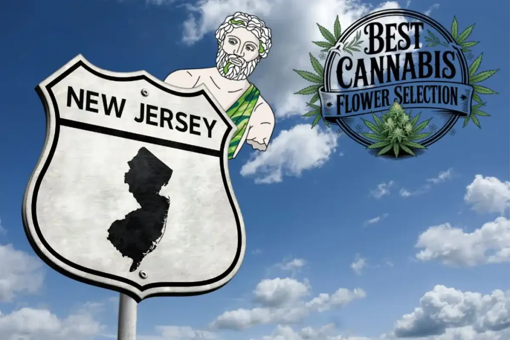 Illustration of New Jersey highway sign with state outline, Theo mascot, and “Best Cannabis Flower Selection” badge against a blue sky with clouds