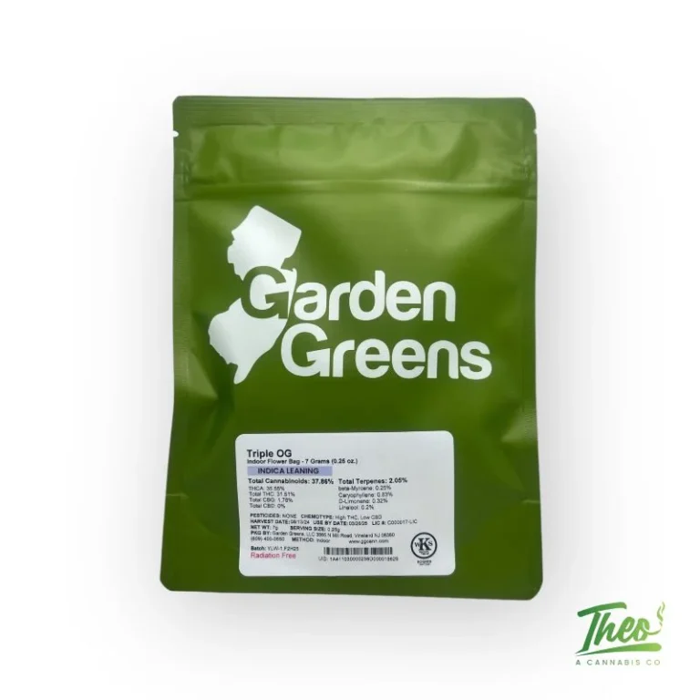 Green package of Garden Greens Triple OG indica-leaning cannabis flower, 7 grams, available at Theo dispensary in Franklin Park, NJ.