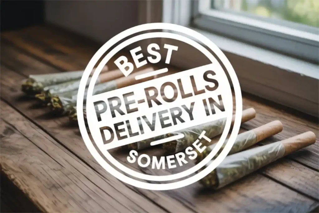 Close-up of cannabis pre-rolls on a wooden table with a stamped graphic that reads 'Best Pre-Rolls Delivery in Somerset' – promotional image for Theo Dispensary in New Jersey.