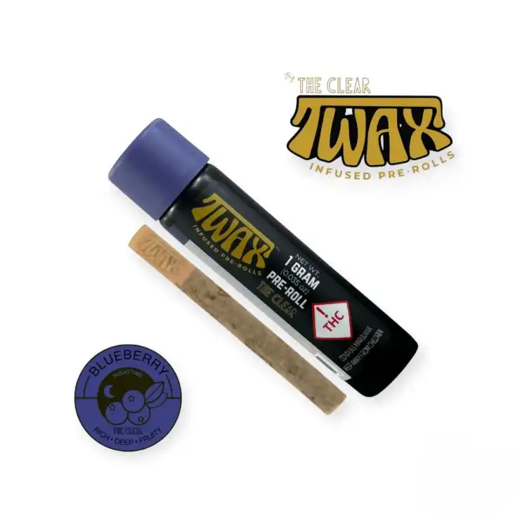 A 1-gram blueberry-flavored infused pre-roll from Twax by The Clear, shown alongside its black and purple child-resistant tube and blueberry nighttime flavor badge.