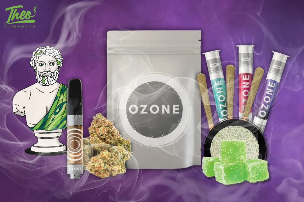 Ozone cannabis product display featuring flower, pre-rolls, vape cartridge, and edibles on a purple background, alongside Theo Dispensary branding and the Theo mascot.