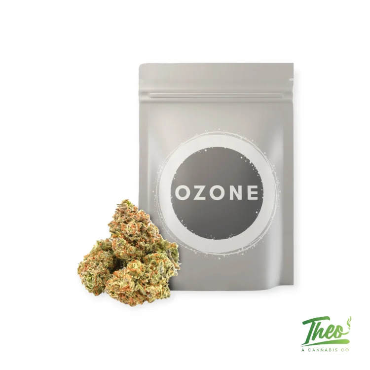 Ozone cannabis flower buds shown beside a branded Ozone pouch on a white background, sold at Theo Dispensary.