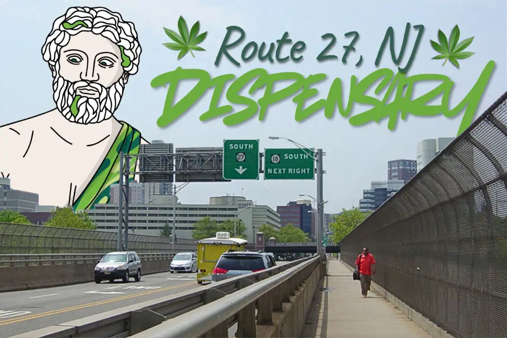 Route 27 in New Jersey with highway signs and city buildings in the background, overlaid with Theo Dispensary branding and the text ‘Route 27, NJ Dispensary,’ highlighting the dispensary’s location.