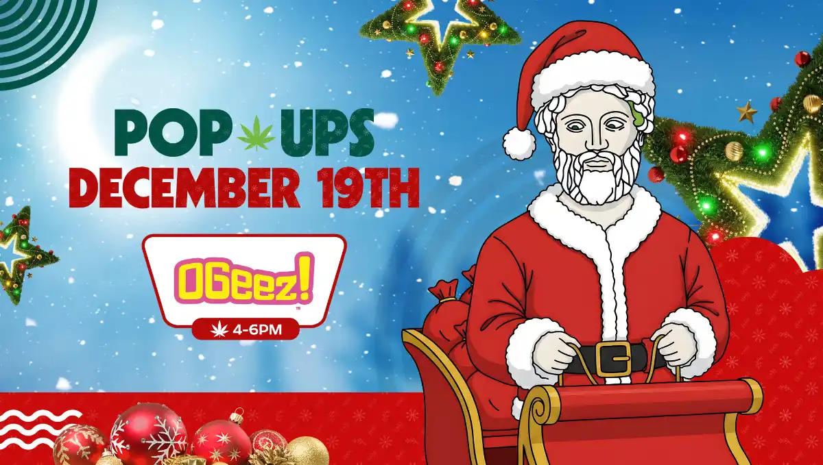 Theo Dispensary December 19th holiday pop-up announcement featuring Santa in a sleigh, highlighting the OGEEZ vendor pop-up from 4–6 PM.