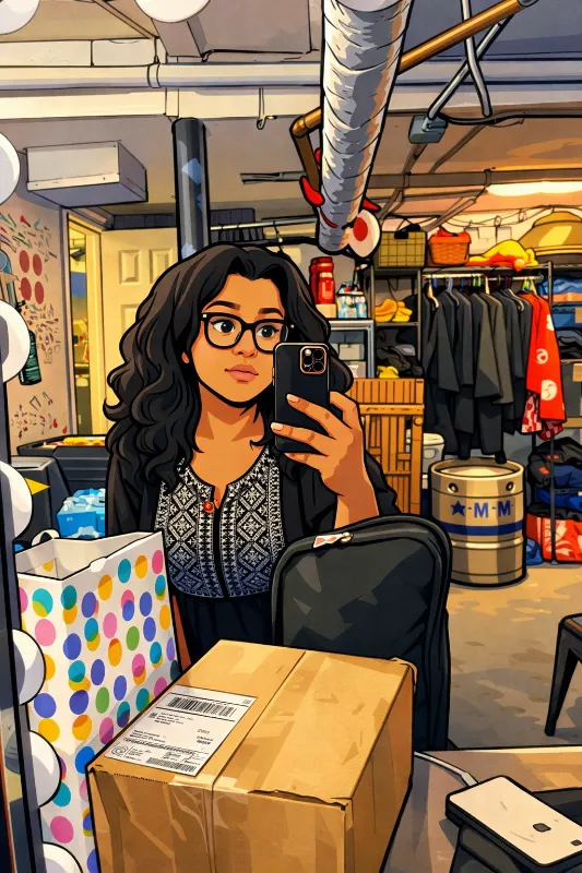 Illustrated mirror selfie of a Theo budtender, "Ro," inside a dispensary backroom, wearing glasses and holding a phone, with shelves, boxes, and cannabis merchandise in the background.