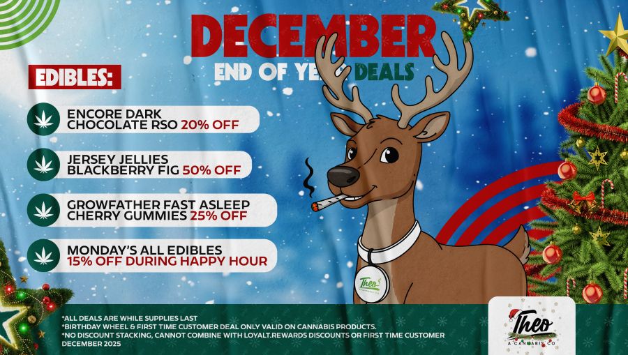 December edibles deals at Theo Dispensary with holiday reindeer graphic, featuring discounts on Encore Dark Chocolate RSO, Jersey Jellies, Growfather gummies, and Monday happy hour specials.