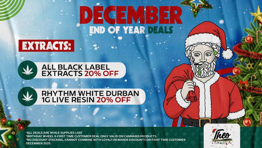 Theo Dispensary December extracts deals featuring Theo's mascot as Santa graphic, including discounts on Black Label extracts and Rhythm White Durban live resin.